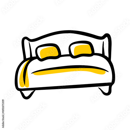 Hand-drawn style icon of a double bed with two pillows, featuring thick black outlines and yellow accent coloring, symbolizing rest, sleep, home, or hotel.