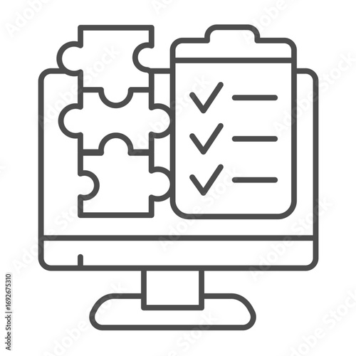 Monitor screen with checklist of puzzle pieces thin line icon, data hoarding concept. Vector graphics. Content creation list sign on white background, outline style icon for mobile or web design.