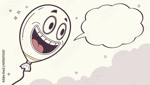 Cartoon balloon with a huge smile and a speech bubble, great for websites or blogs to convey announcements, greetings, fun events, or testimonials.

