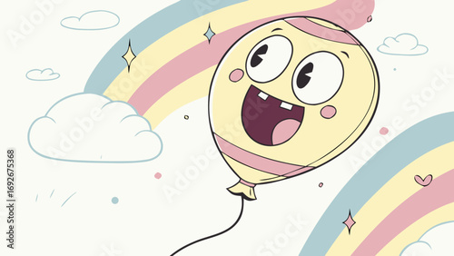 cheerful cartoon balloon floating under a pastel rainbow with clouds, perfect for birthday invitations, children's party themes, joyful announcements, and whimsical designs.