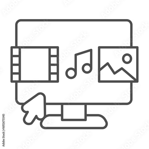 Free Download Display with pictures, music, movie and cursor thin line icon, data hoarding concept. Vector graphics. Screen of multimedia sign on white background, outline style icon for mobile or web design. - GFXLoad
