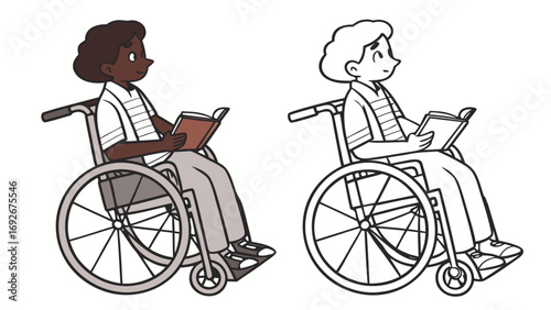A split illustration showing a person in a wheelchair reading a book, useful for websites or blogs promoting education, inclusion, disability awareness, or literacy initiatives.

