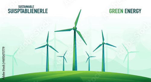 Illustration of wind turbines on a green field with text "Sustainable Suisptablienerle" and "Green Energy" on a light background.