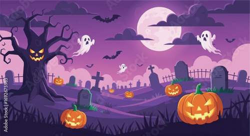 Dark and spooky halloween night with pumpkins, bats, and a scary witch silhouette