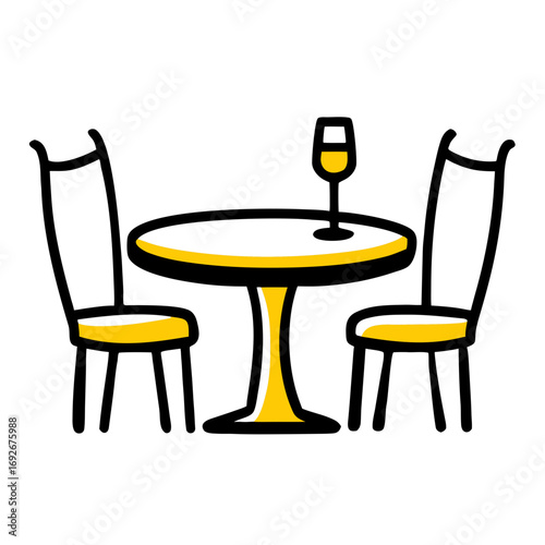 Stylized icon of a round table for two with chairs and a glass, accented in yellow, symbolizing a romantic dinner, cafe, restaurant, date night, or intimate dining experience.
