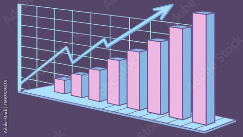 bar graph shows increasing progress with rising arrow on grid for websites,blogs,or presentations discussing business growth,financial reports,or market trends.minimalist 3D graphic