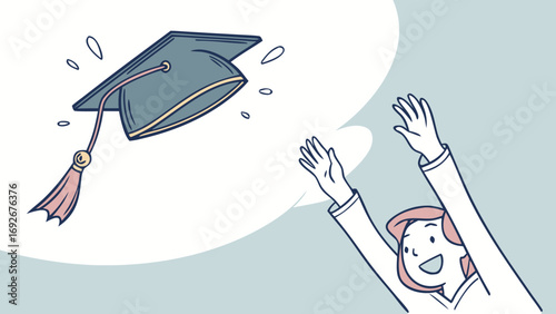 This vibrant illustration of a graduate throwing their cap is great for websites or blogs about education, graduation, or academic achievement. The style is flat illustration.

