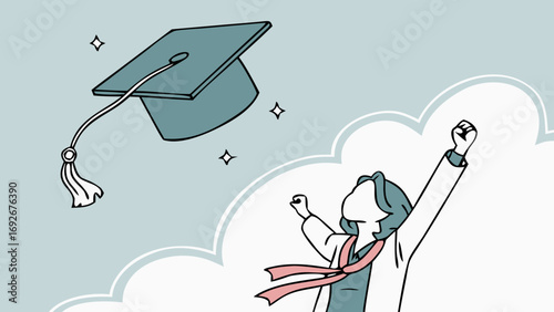 This vibrant illustration of a graduate throwing their cap is great for websites or blogs about education, graduation, or academic achievement. The style is flat illustration.

