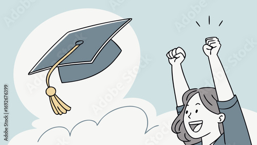joyful hand-drawn vector illustration of person with their arms in the air,graduation cap floating in thought bubble for websites or blogs to celebrate academic achievement or graduation