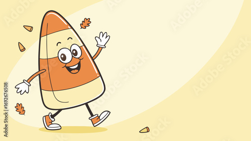 smiling candy corn character waves,inviting text in a cloud-shaped space for blog posts,social media, or flyers related to Halloween,fall events,or candy and treats.hand-drawn cartoon