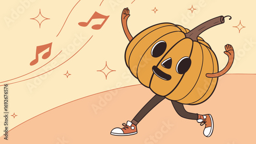 flat-style cartoon illustration of dancing pumpkin character with a speech bubble for websites and blogs about Halloween,autumn,parties for creating seasonal flyers and greeting cards