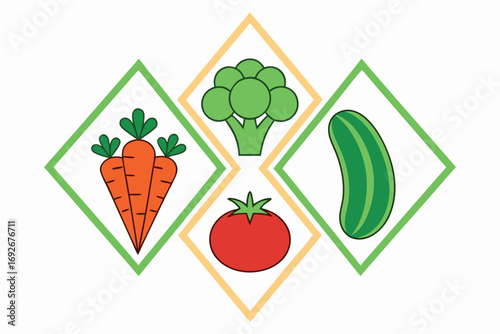 Assortment of vegetables carrots broccoli cucumber tomato in diamond frames vector illustration
