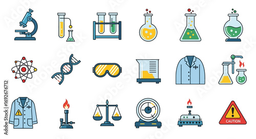 Colorful Line Icons Set - Science Lab Equipment and Symbols.