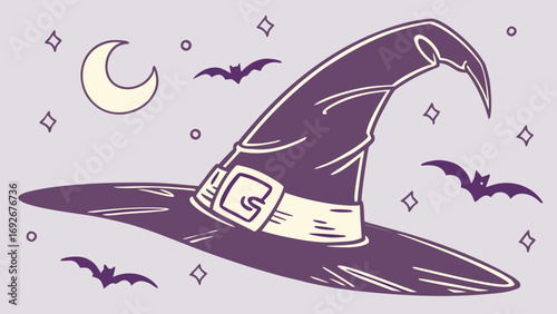 witch's hat with buckle is surrounded by bats, stars,crescent moon for websites or blogs about Halloween,magic,spells,or fantasy themes.hand-drawn cartoon