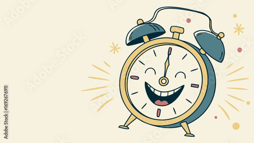 A joyful alarm clock with a smiling face. This image is suitable for websites and blogs related to morning routines, productivity, time management, or New Year's Eve. The style is flat illustration.

