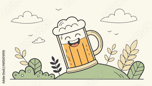 flat-style cartoon illustration of smiling beer mug on grassy hill,with clouds and birds in the background for websites and blogs about breweries,parties,celebrations,events like Oktoberfest