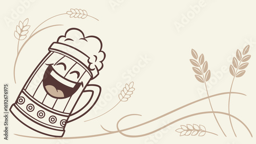 flat-style cartoon illustration of smiling beer mug on grassy hill,with clouds and birds in the background for websites and blogs about breweries,parties,celebrations,events like Oktoberfest