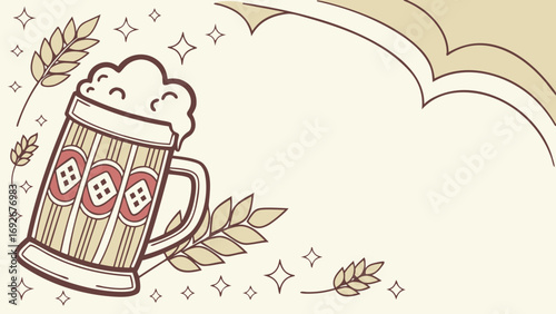 foamy mug of beer is shown with radiating lines, suggesting toast or celebration on websites, blogs,or menus for breweries,pubs,restaurants,or events like Oktoberfest.minimalist doodle