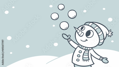 A black and white cartoon-style illustration of a cute snowman juggling snowballs. Websites and blogs can use this for seasonal content, winter activities, or holiday promotions for children.

