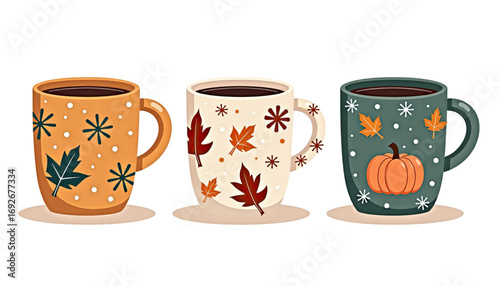 Festively decorated coffee mugs featuring autumn leaves and pumpkin designs on a white background