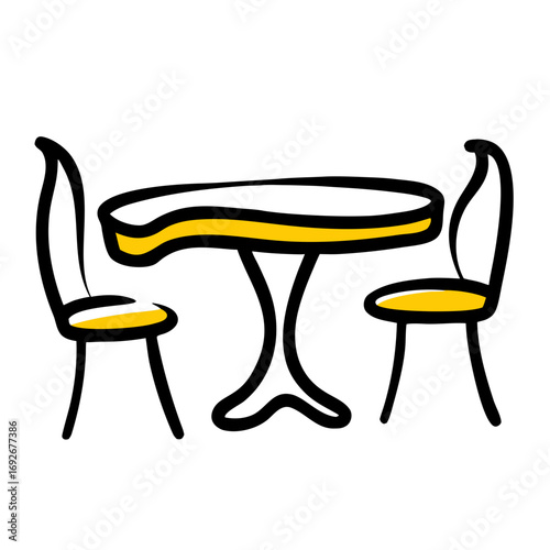 A whimsical, hand-drawn, black and white line art illustration of a round table with two chairs. Websites and blogs can use this for topics on communication, meetings, dining, or home decor.

