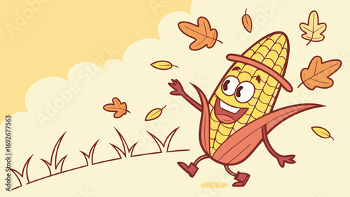 A joyful cartoon corn cob, wearing a hat, dancing with falling autumn leaves and grass. Perfect for blogs on Thanksgiving, fall, harvest, or healthy eating