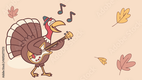 This whimsical cartoon illustration of a turkey playing an electric guitar is perfect for Thanksgiving and holiday-themed websites and blogs. The style is flat illustration.

