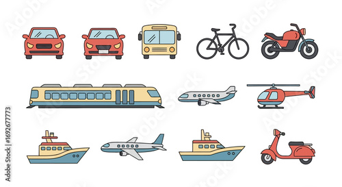 Colorful Illustrated Collection of Land, Air, and Sea Transportation Vehicles.