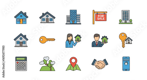Colorful real estate icon set with a hand-drawn outline style, depicting houses, agents, keys, and financial symbols for property business.