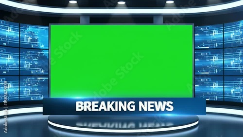 Modern Virtual News Studio Set with Green Screen Display and Breaking News Lower Third
