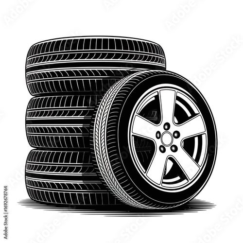 Stack of Car Tires Illustration Black and White Vector Art for Automotive Themes