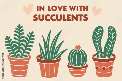 A charming collection of four potted succulents in terracotta pots with a decorative pattern and text that reads in love with succulents