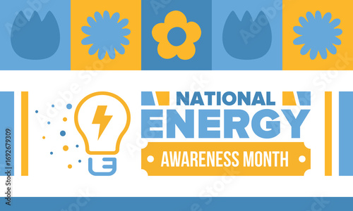 National Energy Awareness Month in October. Optimization and management of energy consumption. The introduction of advanced technology, encourage the use of renewable energy. Energy security. Vector