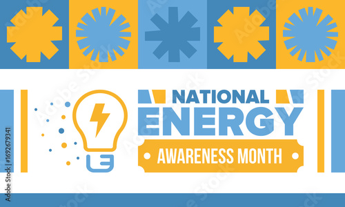National Energy Awareness Month in October. Optimization and management of energy consumption. The introduction of advanced technology, encourage the use of renewable energy. Energy security. Vector