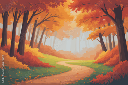Autumnal Serenity A Path Through Vibrant Fall Foliage in the Woods, a Walk through Nature's Canvas.