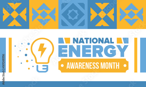National Energy Awareness Month in October. Optimization and management of energy consumption. The introduction of advanced technology, encourage the use of renewable energy. Energy security. Vector