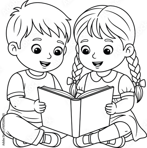 Coloring page of children reading a book together illustration