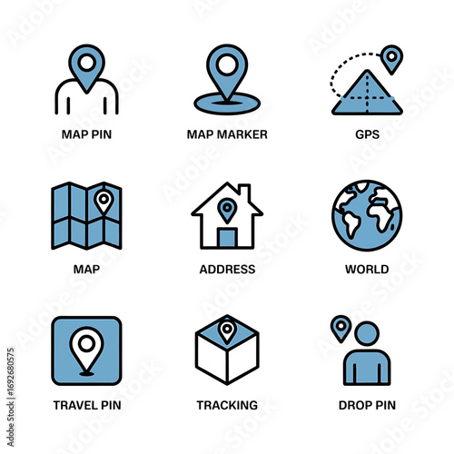Set of Location Icons Map Pin, Marker, GPS, Address, World, and More, Vector Illustration
