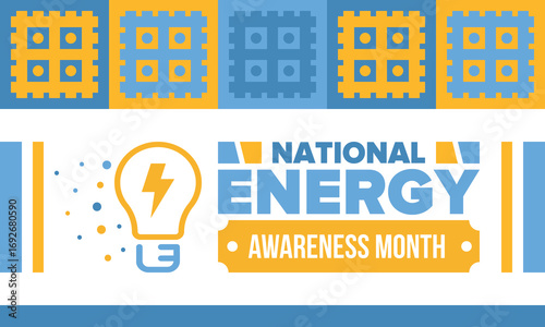 National Energy Awareness Month in October. Optimization and management of energy consumption. The introduction of advanced technology, encourage the use of renewable energy. Energy security. Vector