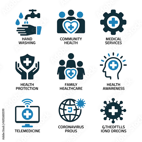 Essential Healthcare Icons Handwashing, Community, Family, and Telemedicine