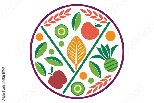 Circular arrangement of colorful fruits vegetables and leaves in a balanced design healthy food