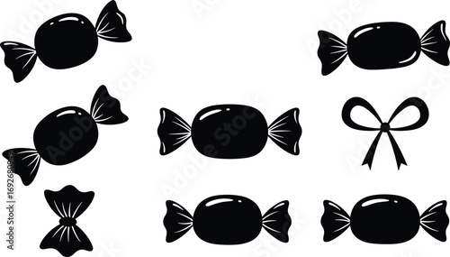Set of black silhouette candy illustrations, including wrapped sweets and candy with bow, perfect for confectionery-themed designs.