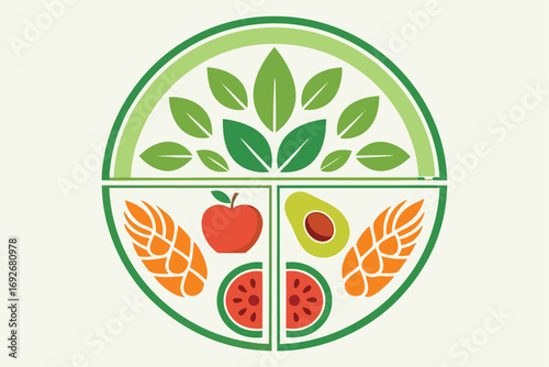 Circular diagram illustrating healthy food groups with fruits vegetables and grains nutrition
