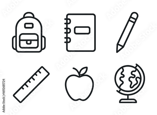 Minimalist line art school supplies icon set with backpack and globe