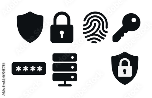 Security icons set featuring lock, shield, fingerprint, key, and password symbols
