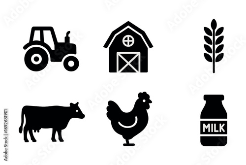 Farming symbols: tractor, barn, wheat, cow, chicken, milk icon set