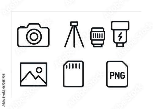 Camera equipment icons: lens, tripod, memory card, flash, png format