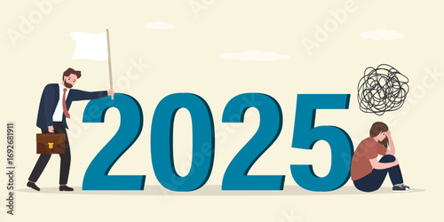 Unhappy people near 2025 year. Problems, business failures. Businessman stands with a white flag, give up, surrender. Woman loser in stress and difficulties.