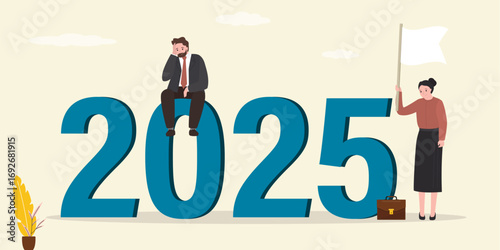 Unhappy people near 2025 year. Problems, business failures. Businesswoman stands with white flag, give up, surrender. Loser man in stress and difficulties.