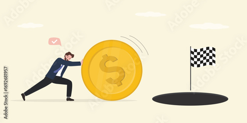 Businessman create own path to success, Entrepreneur investor pushes push dollar coin. Action towards business goals. Success not far away. Completing project, making profit. f